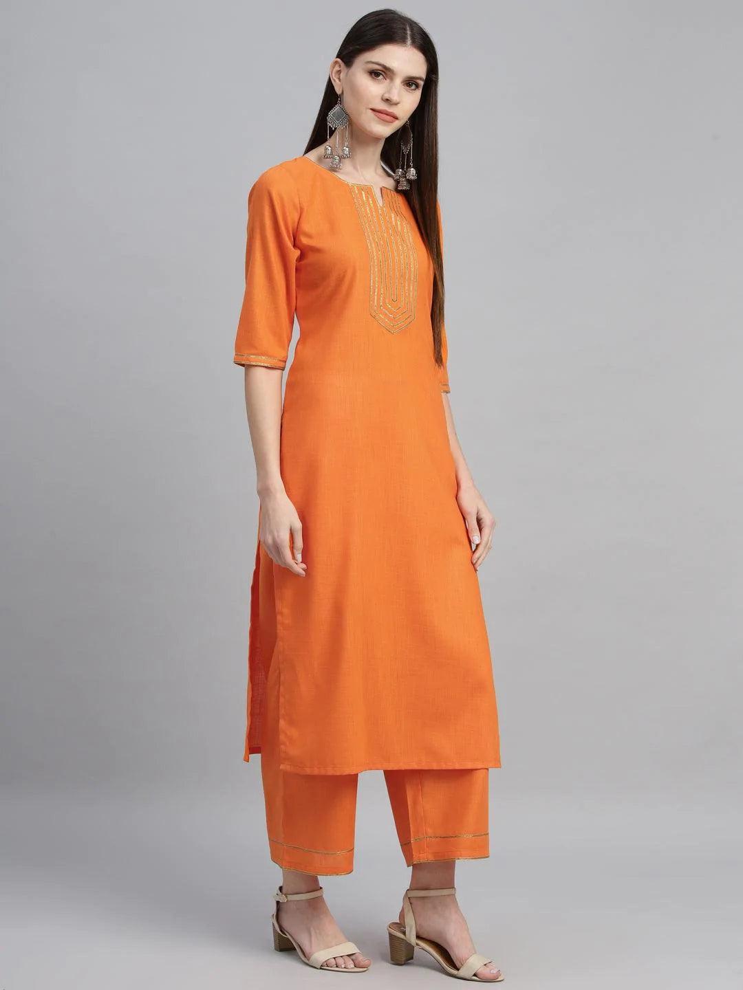 Orange Solid Cotton Suit Set - ShopLibas