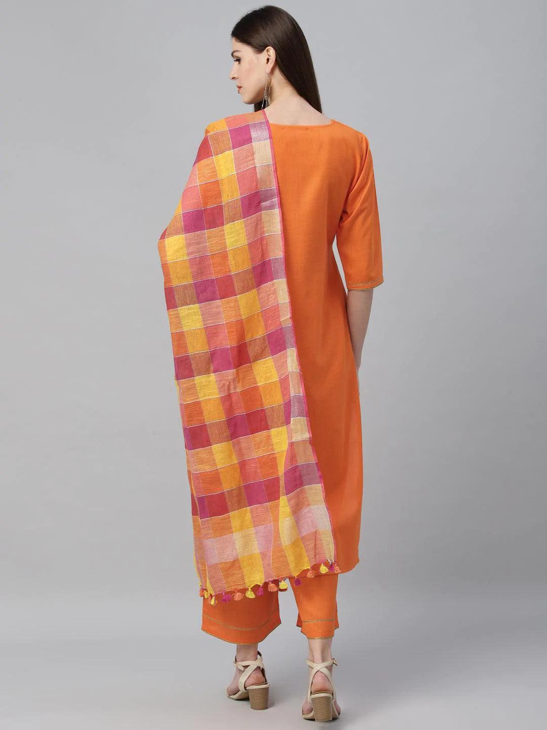 Orange Solid Cotton Suit Set - ShopLibas