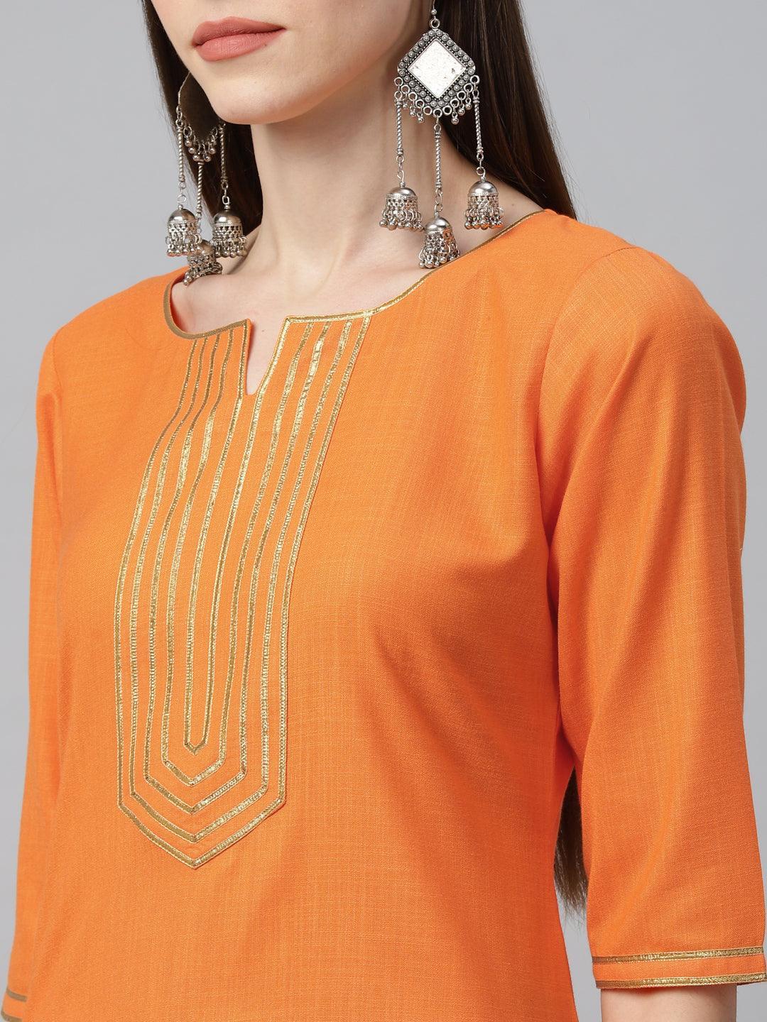 Orange Solid Cotton Suit Set - ShopLibas