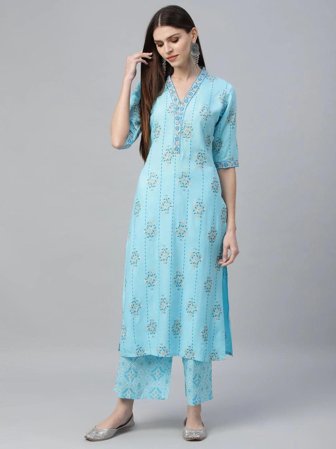 Blue Printed Rayon Kurta Set