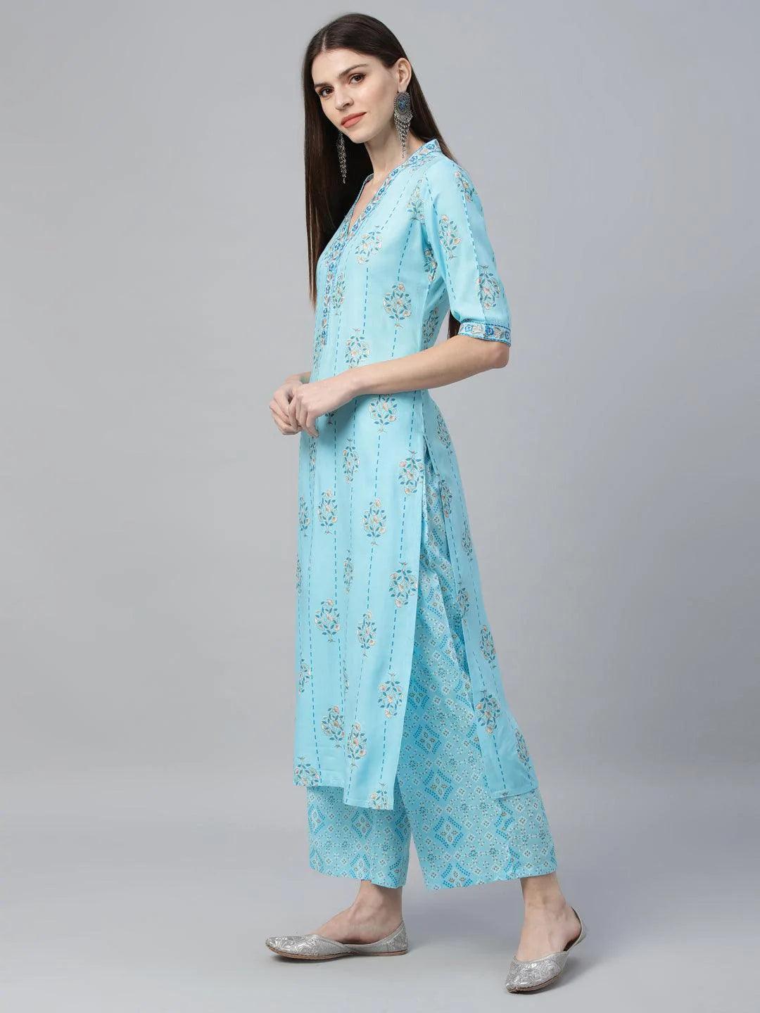 Blue Printed Rayon Kurta Set