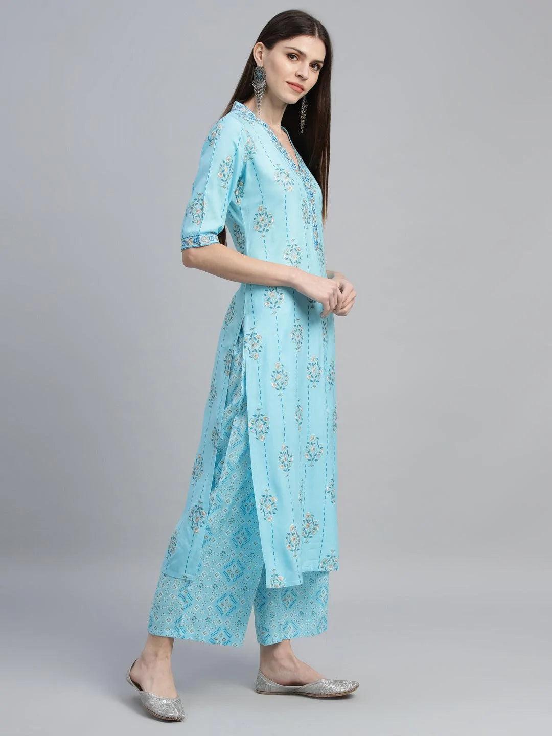 Blue Printed Rayon Kurta Set