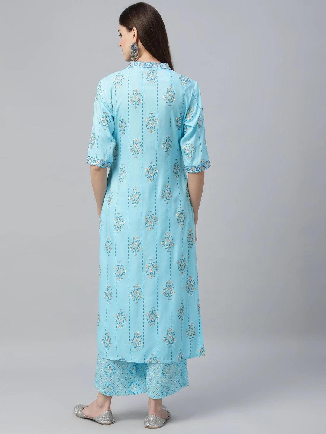 Blue Printed Rayon Kurta Set