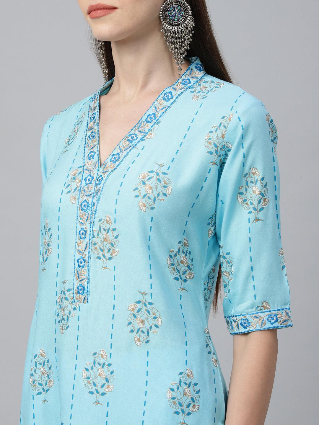 Blue Printed Rayon Kurta Set