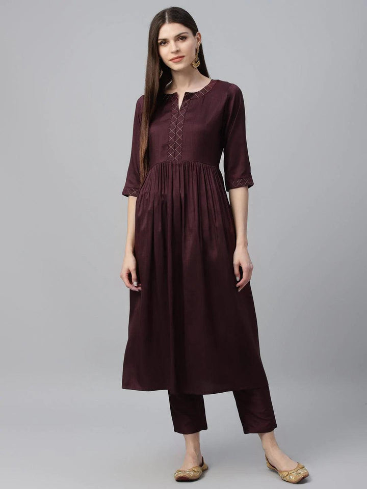 Maroon Solid Polyester Kurta Set - ShopLibas