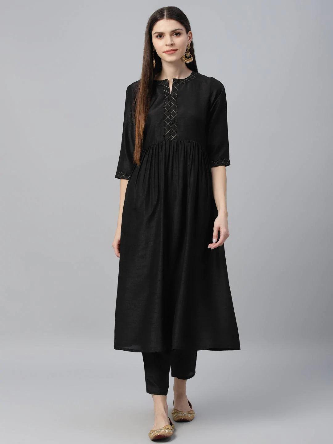 Black Solid Polyester Kurta Set