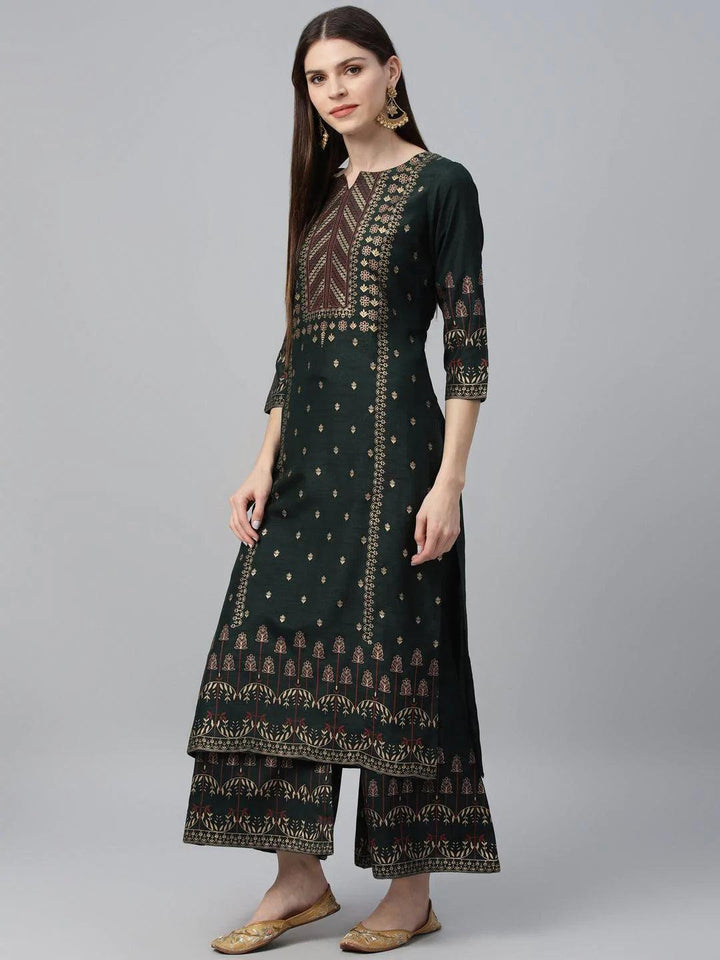 Green Printed Polyester Suit Set - ShopLibas