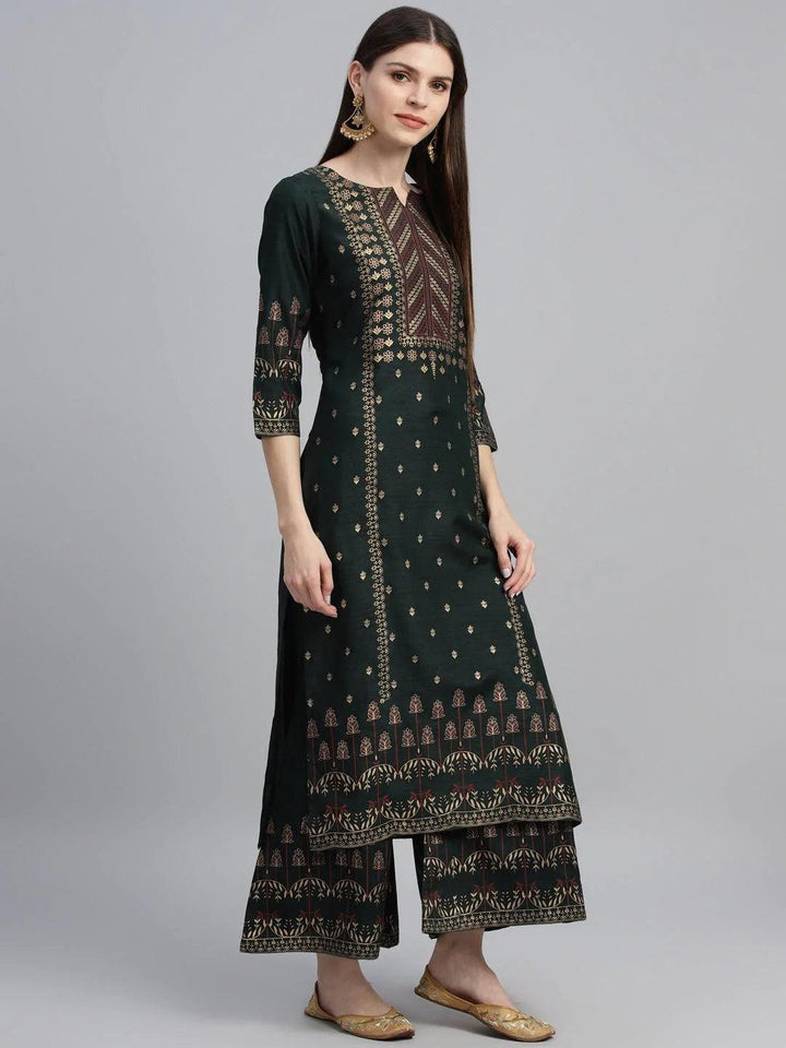 Green Printed Polyester Suit Set - ShopLibas