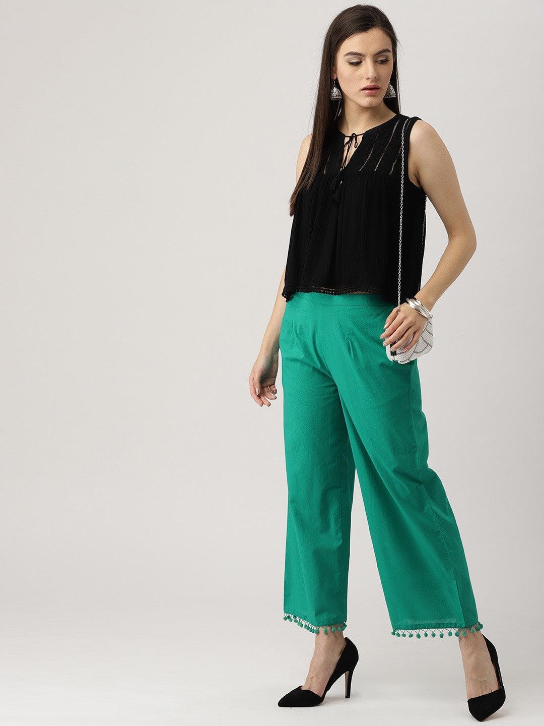 Green Solid Cotton Palazzos - ShopLibas