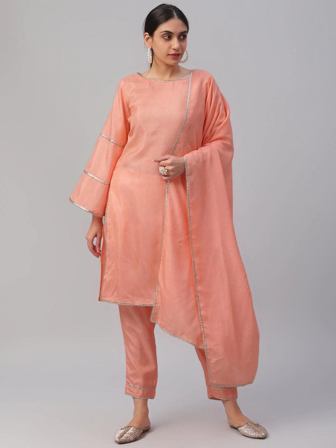 Peach Solid Polyester Suit Set