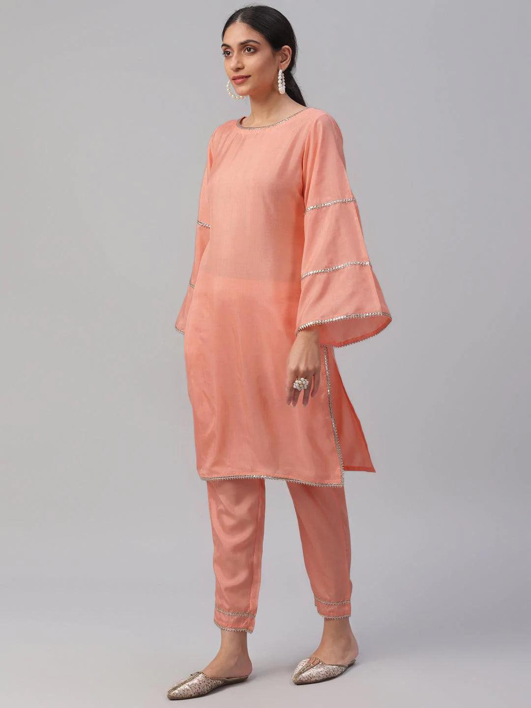 Peach Solid Polyester Suit Set