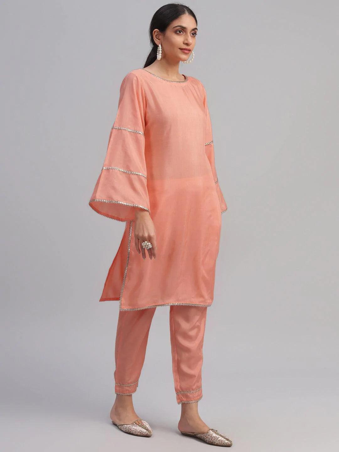 Peach Solid Polyester Suit Set