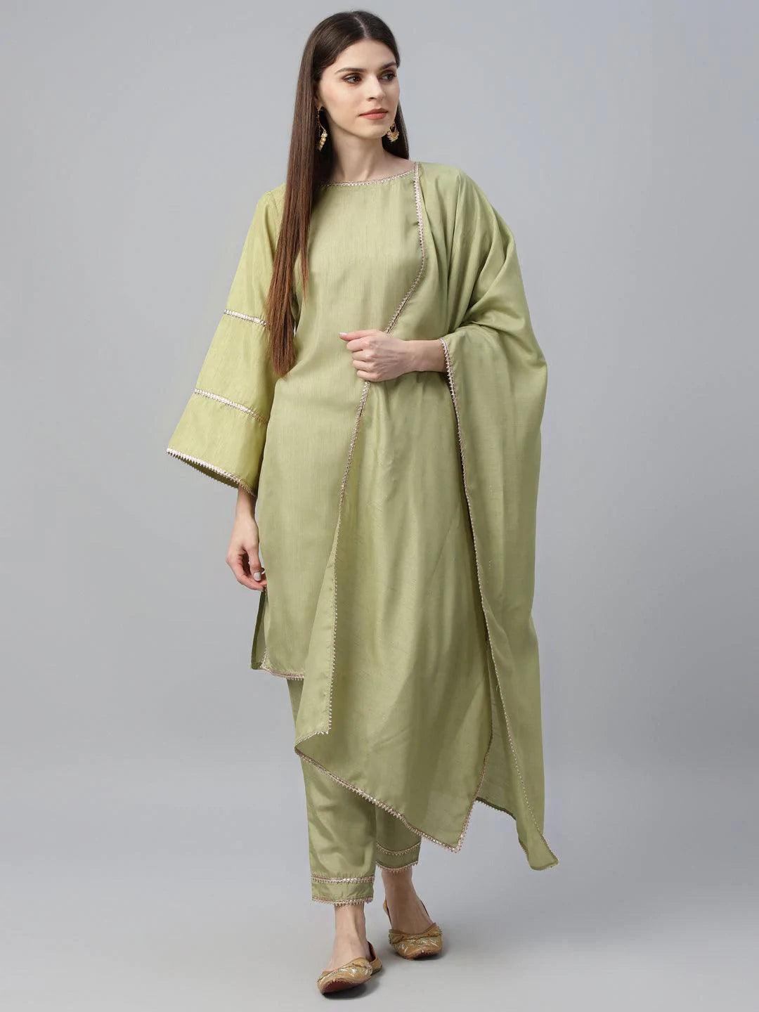 Green Solid Polyester Suit Set