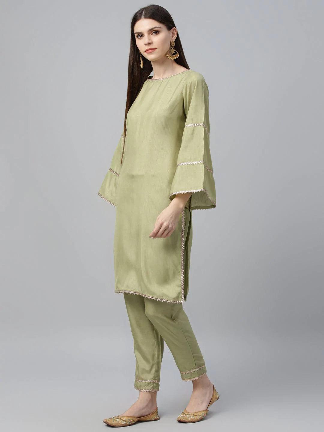 Green Solid Polyester Suit Set