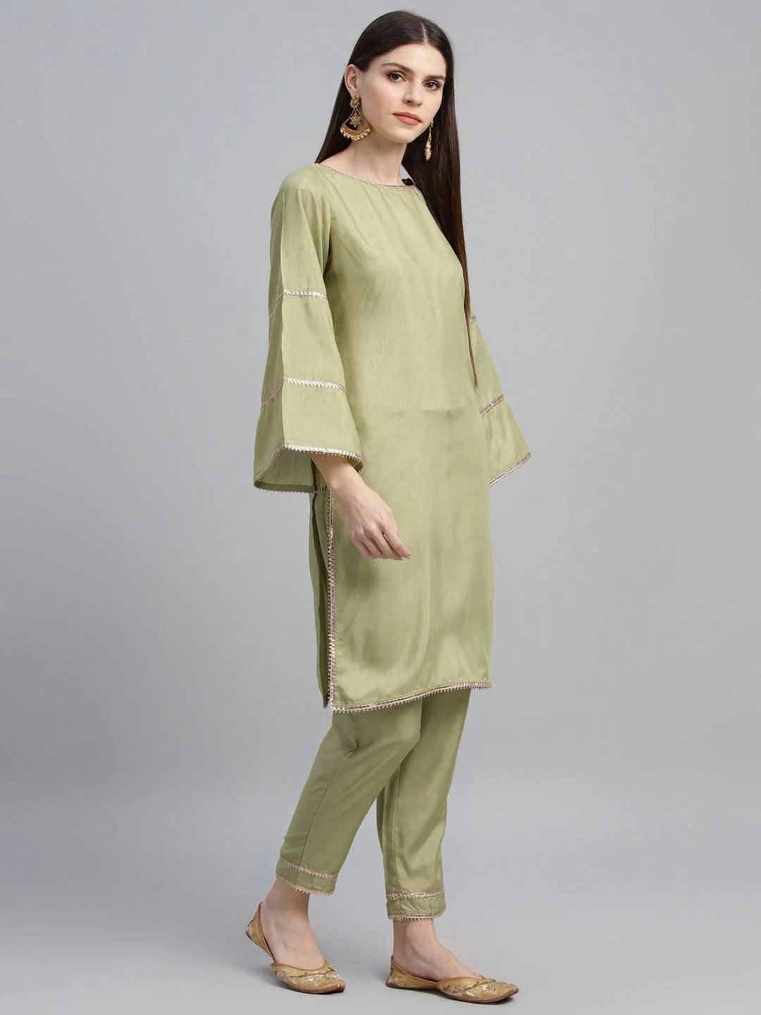 Green Solid Polyester Suit Set