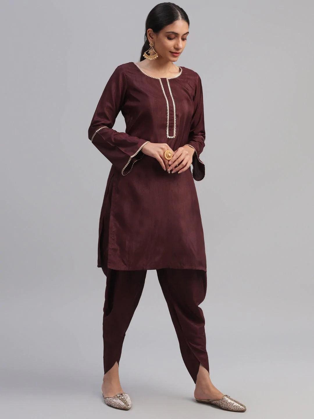 Maroon Solid Polyester Suit Set