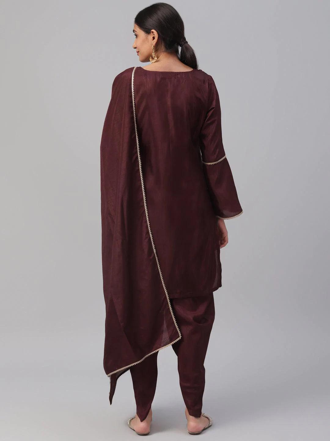 Maroon Solid Polyester Suit Set