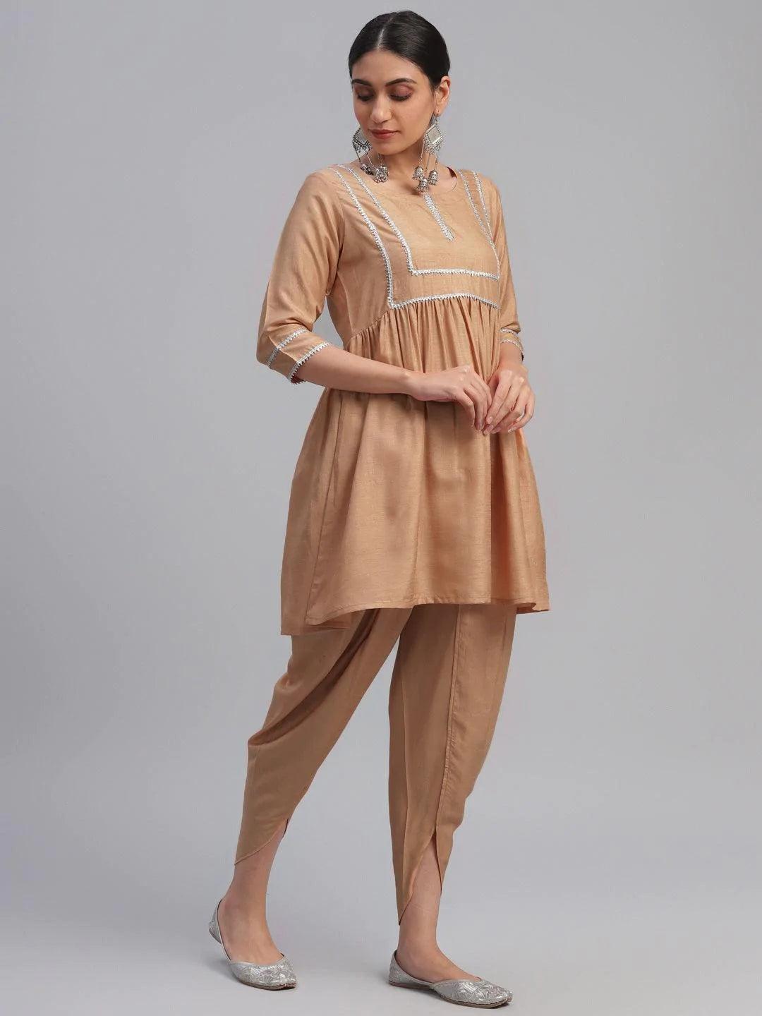 Beige Solid Polyester Suit Set