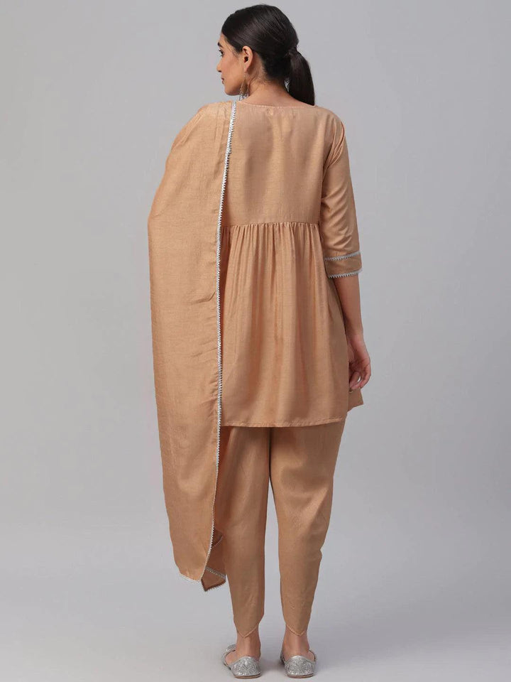 Beige Solid Polyester Suit Set - ShopLibas