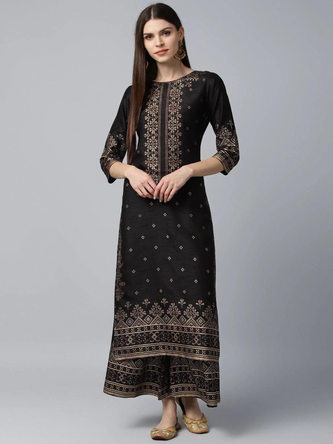 Black Printed Polyester Kurta Set - ShopLibas