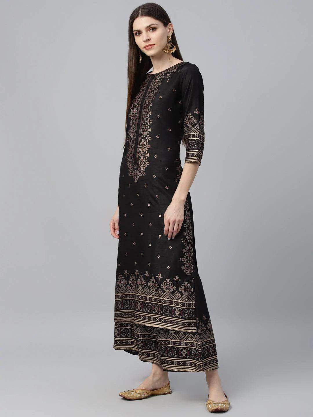 Black Printed Polyester Kurta Set - ShopLibas