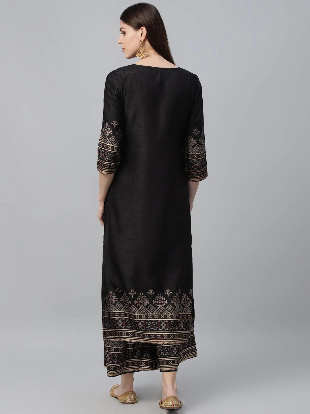 Black Printed Polyester Kurta Set - ShopLibas