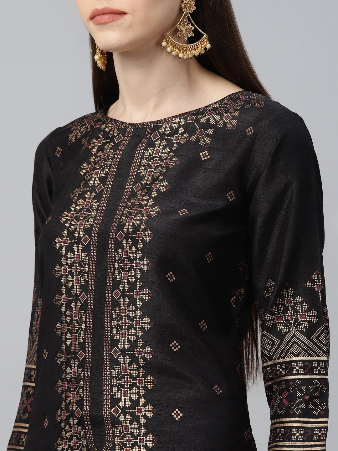 Black Printed Polyester Kurta Set - ShopLibas