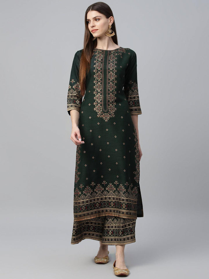 Green Printed Polyester Kurta Set - ShopLibas