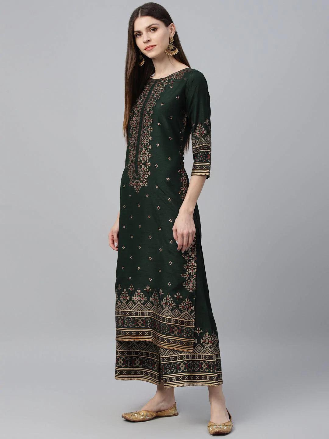 Green Printed Polyester Kurta Set - ShopLibas