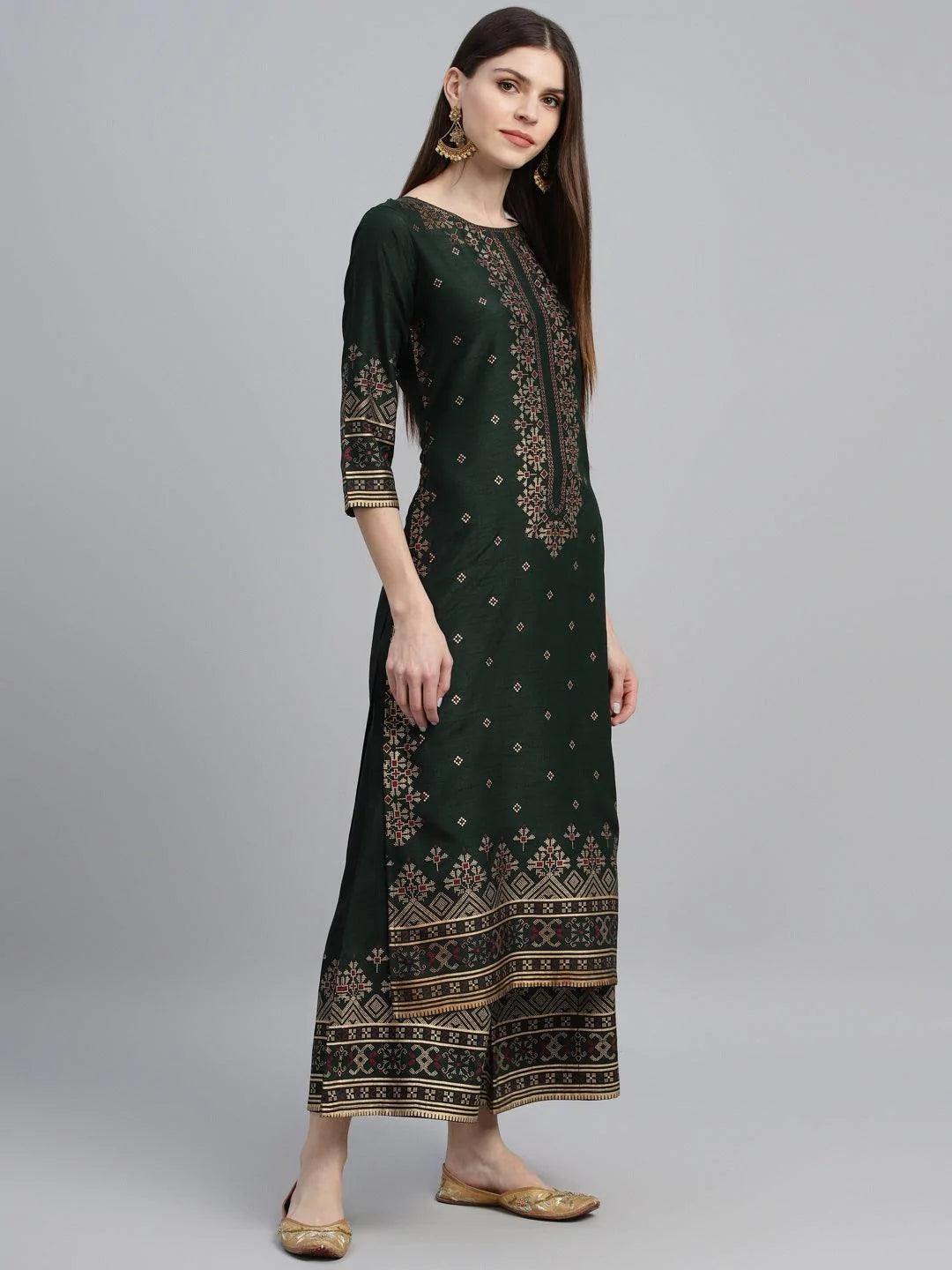 Green Printed Polyester Kurta Set