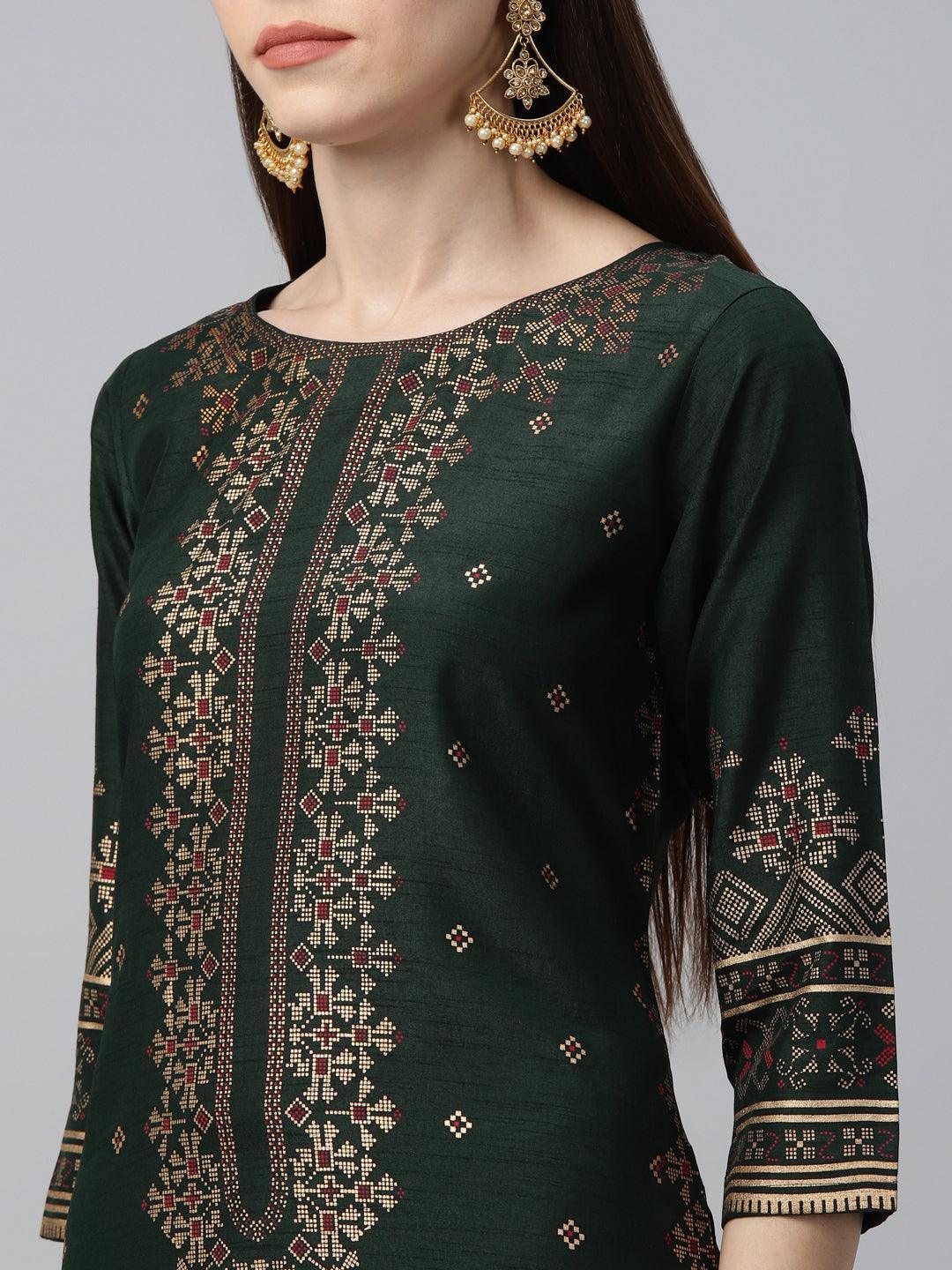 Green Printed Polyester Kurta Set