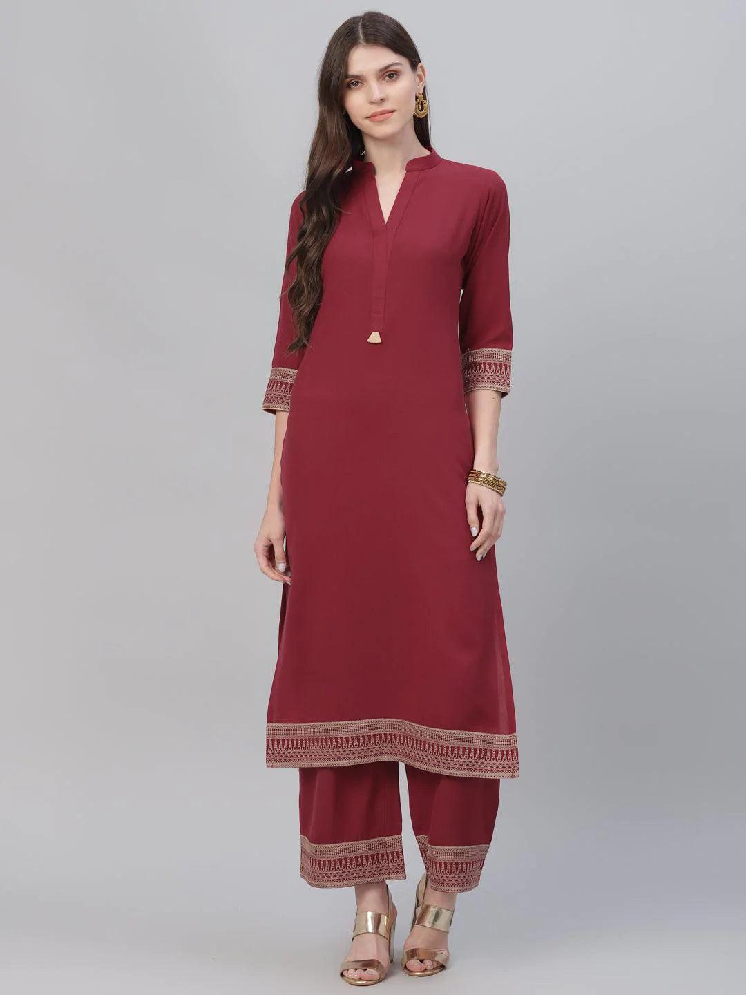 Maroon Solid Rayon Kurta Set