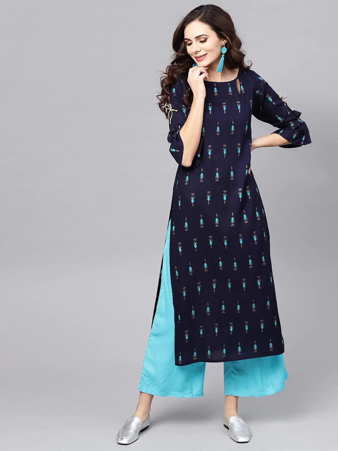 Blue Printed Rayon Kurta Set