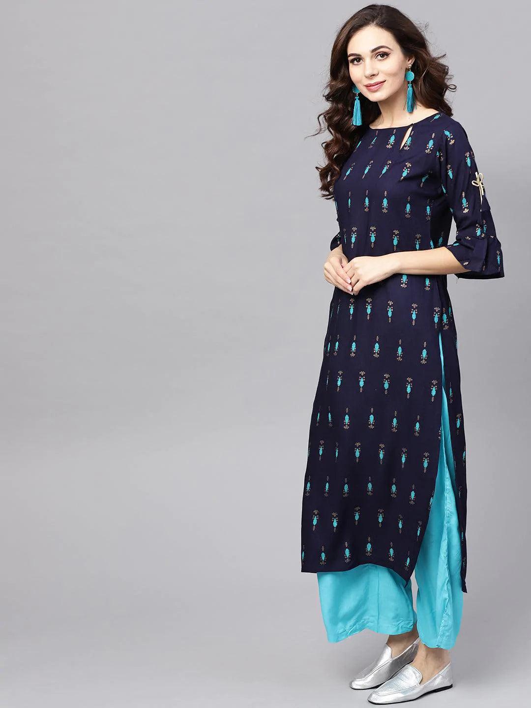 Blue Printed Rayon Kurta Set