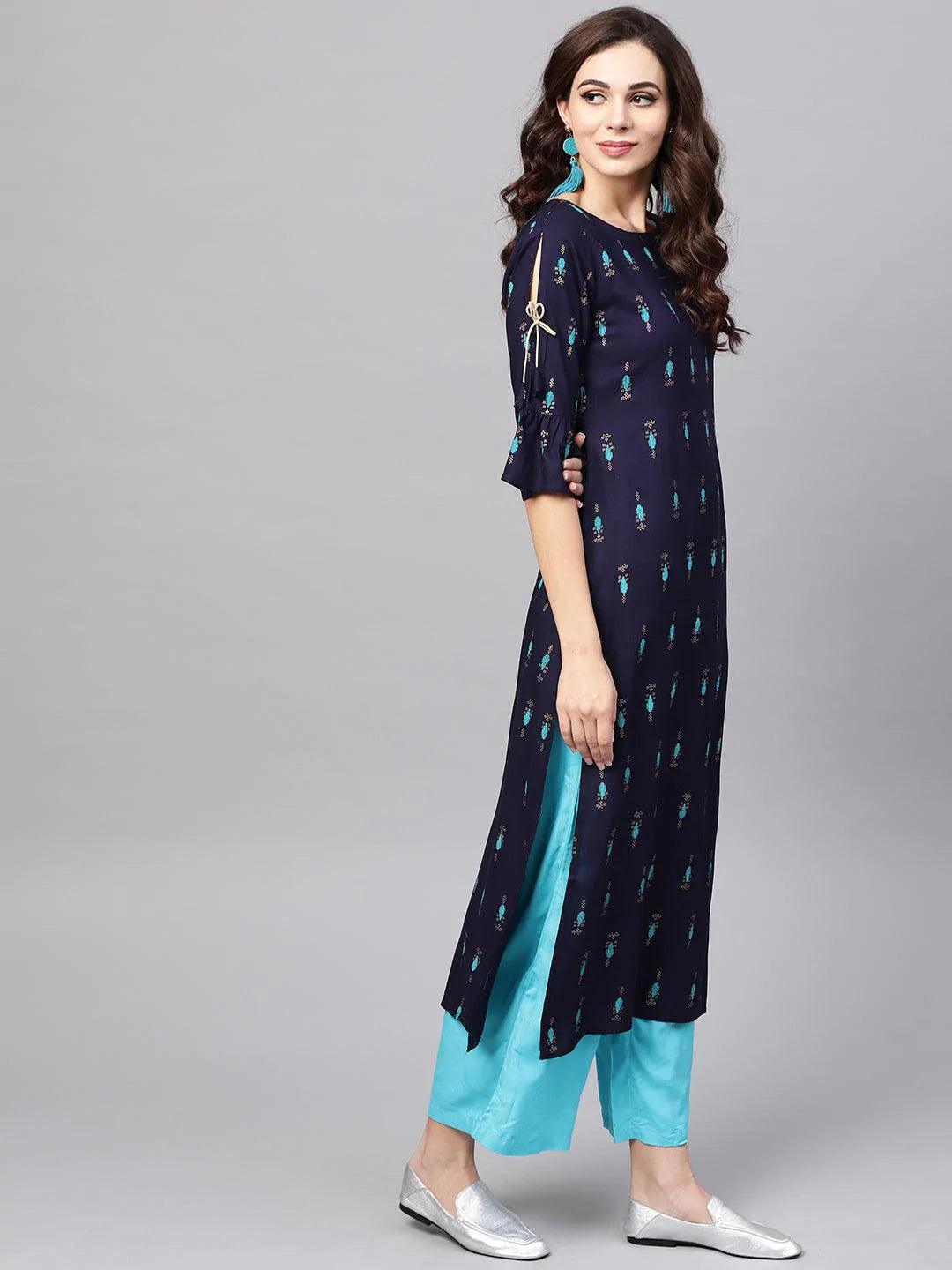 Blue Printed Rayon Kurta Set