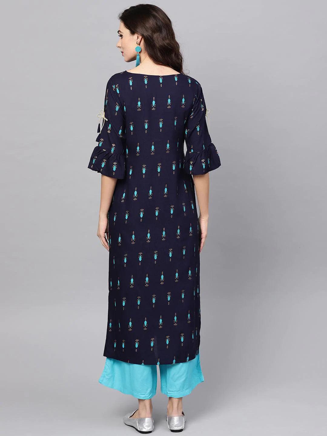 Blue Printed Rayon Kurta Set