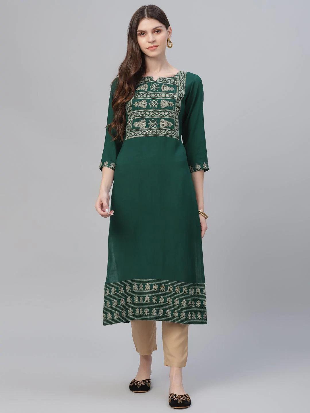 Green Embroidered Rayon Kurta Set