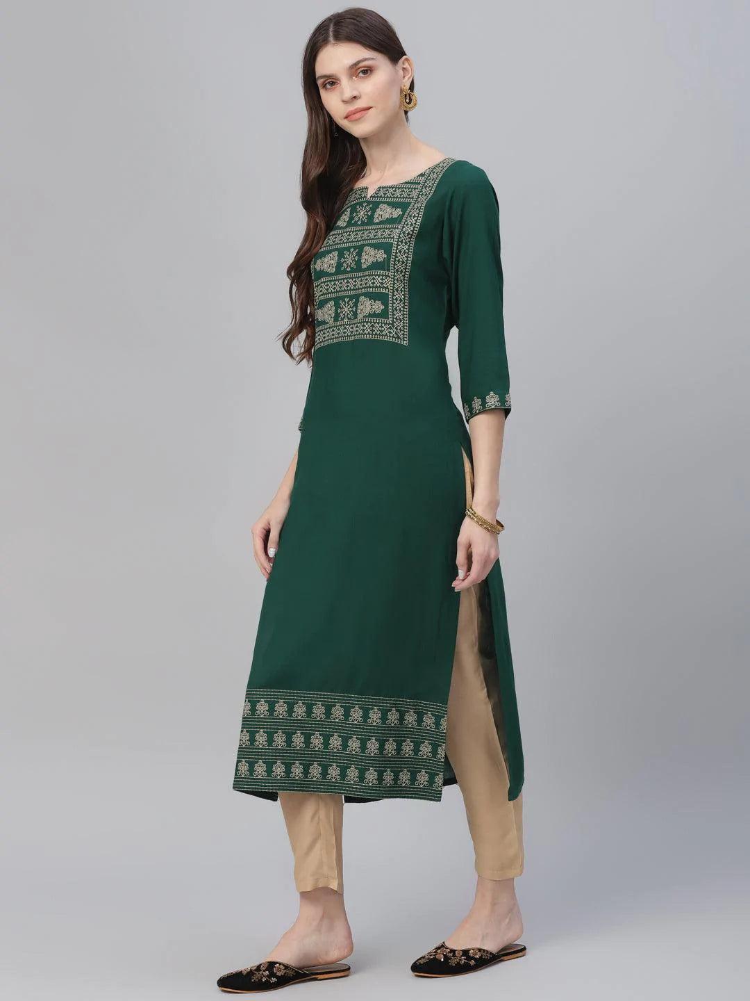 Green Embroidered Rayon Kurta Set