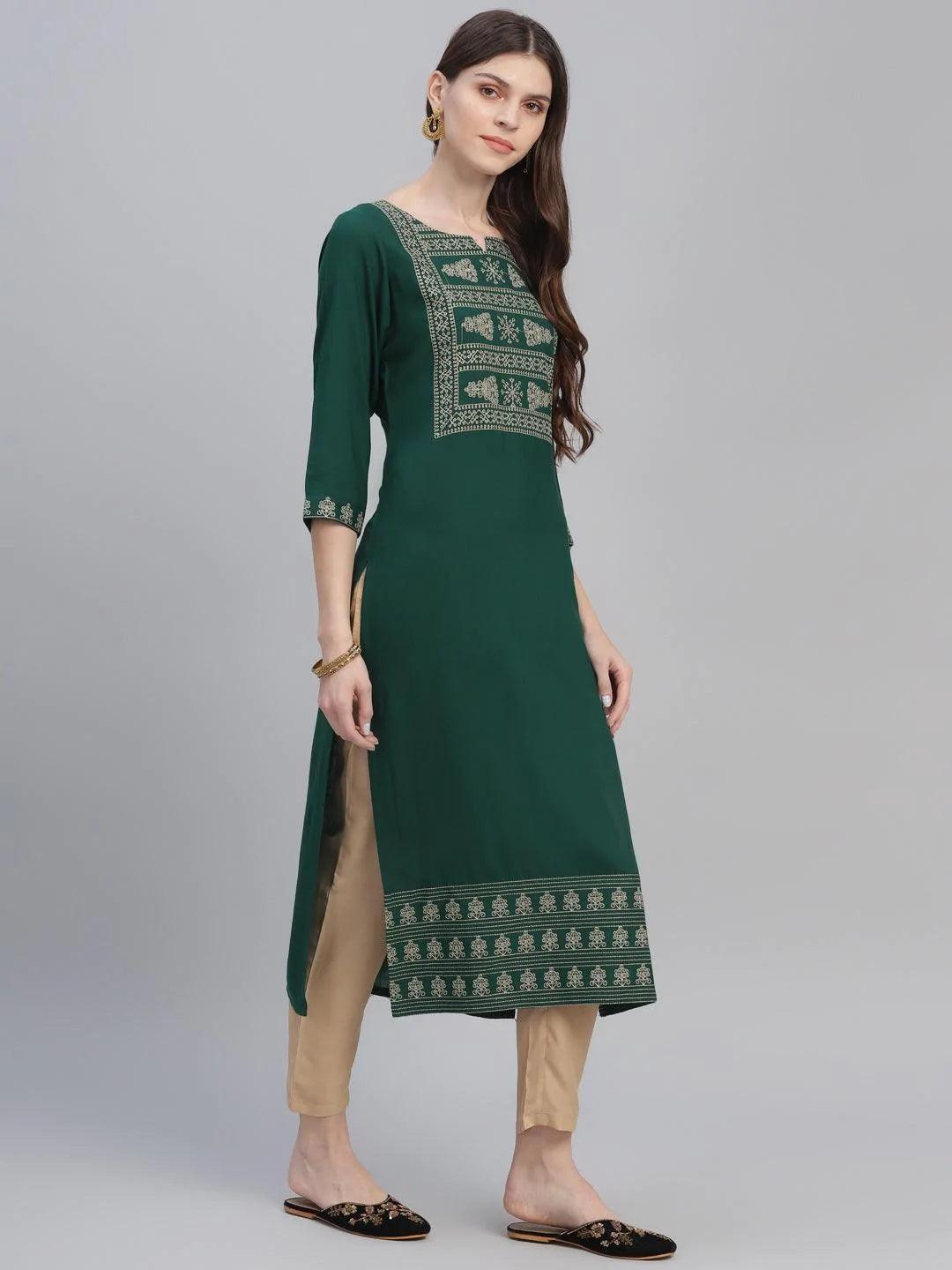 Green Embroidered Rayon Kurta Set