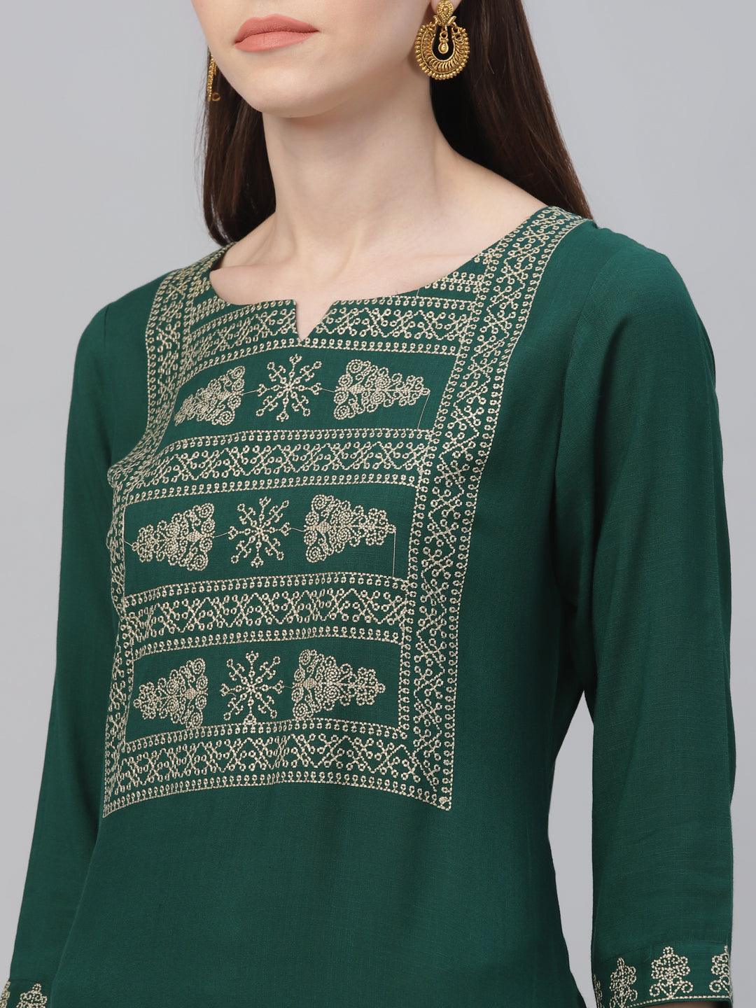 Green Embroidered Rayon Kurta Set