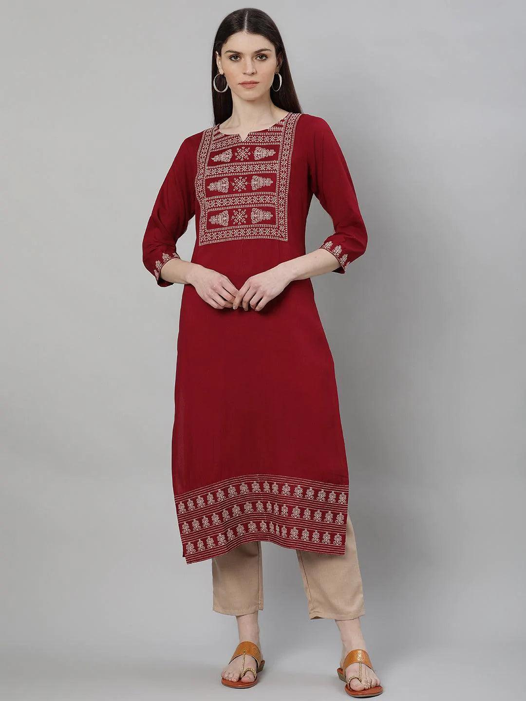 Maroon Embroidered Rayon Kurta Set