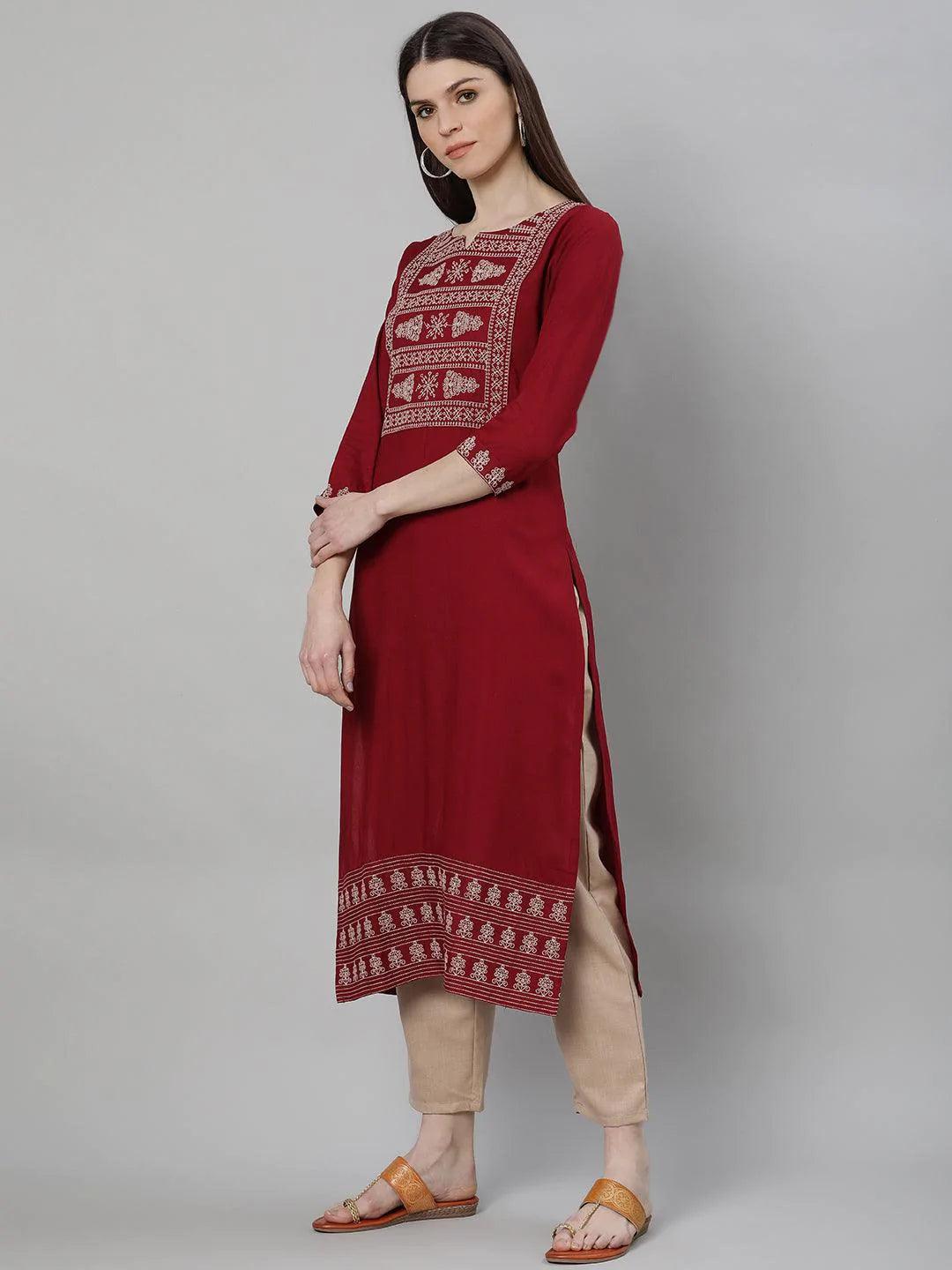 Maroon Embroidered Rayon Kurta Set