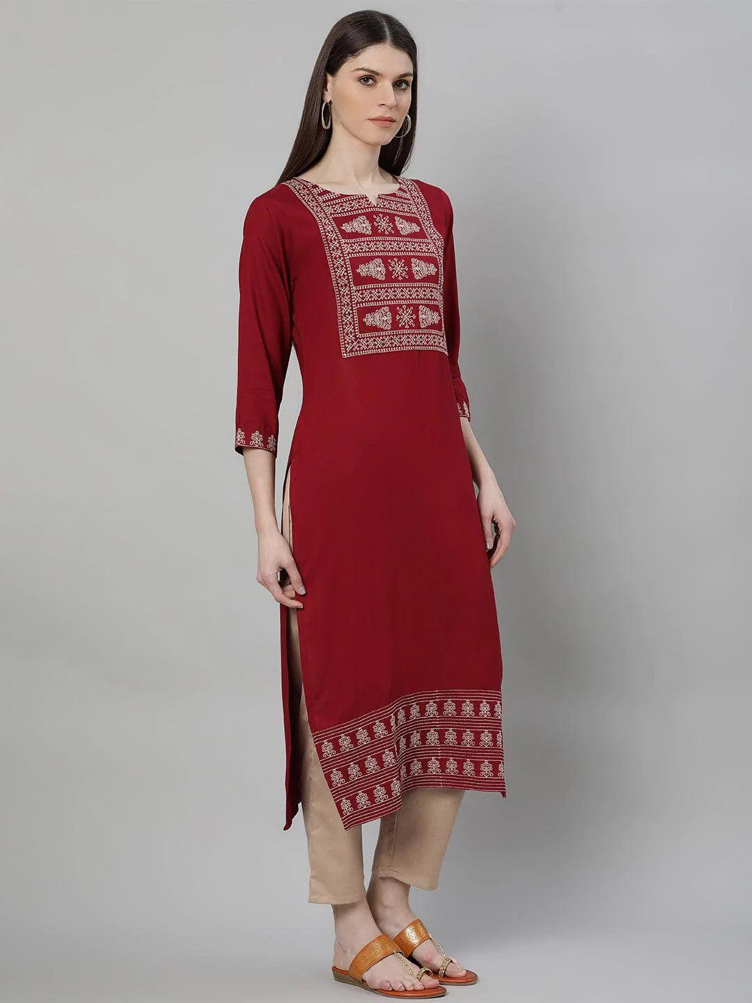 Maroon Embroidered Rayon Kurta Set