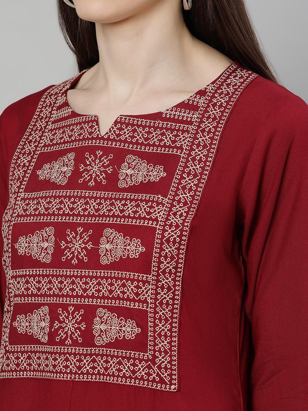 Maroon Embroidered Rayon Kurta Set