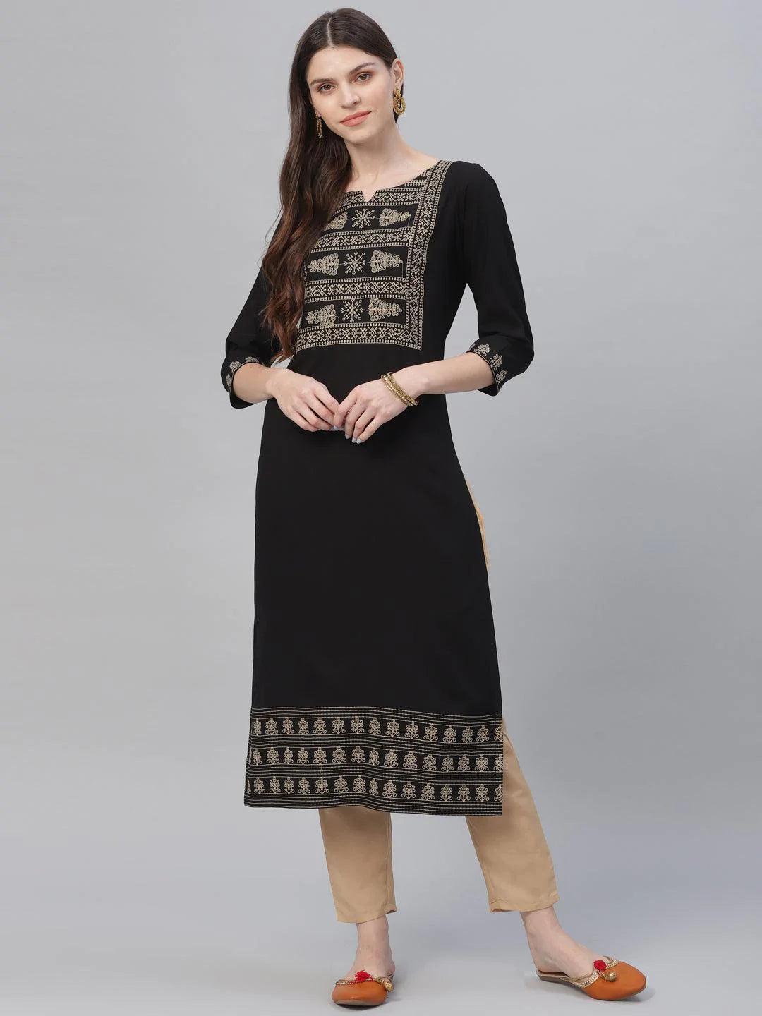 Black Embroidered Rayon Kurta Set