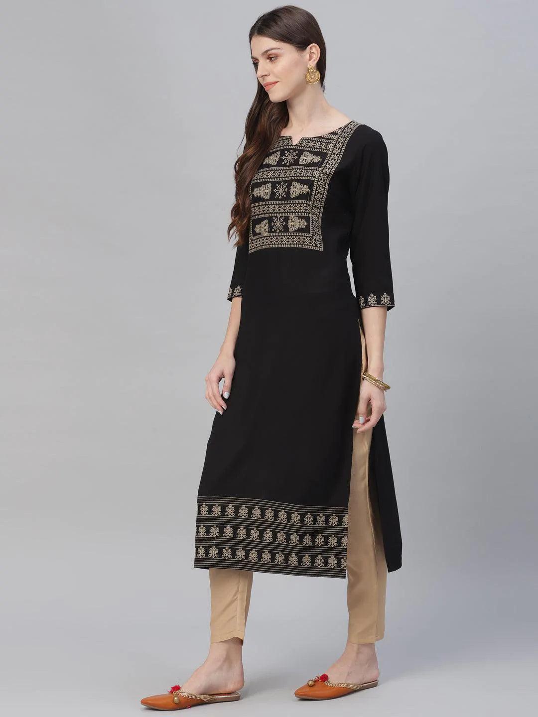 Black Embroidered Rayon Kurta Set