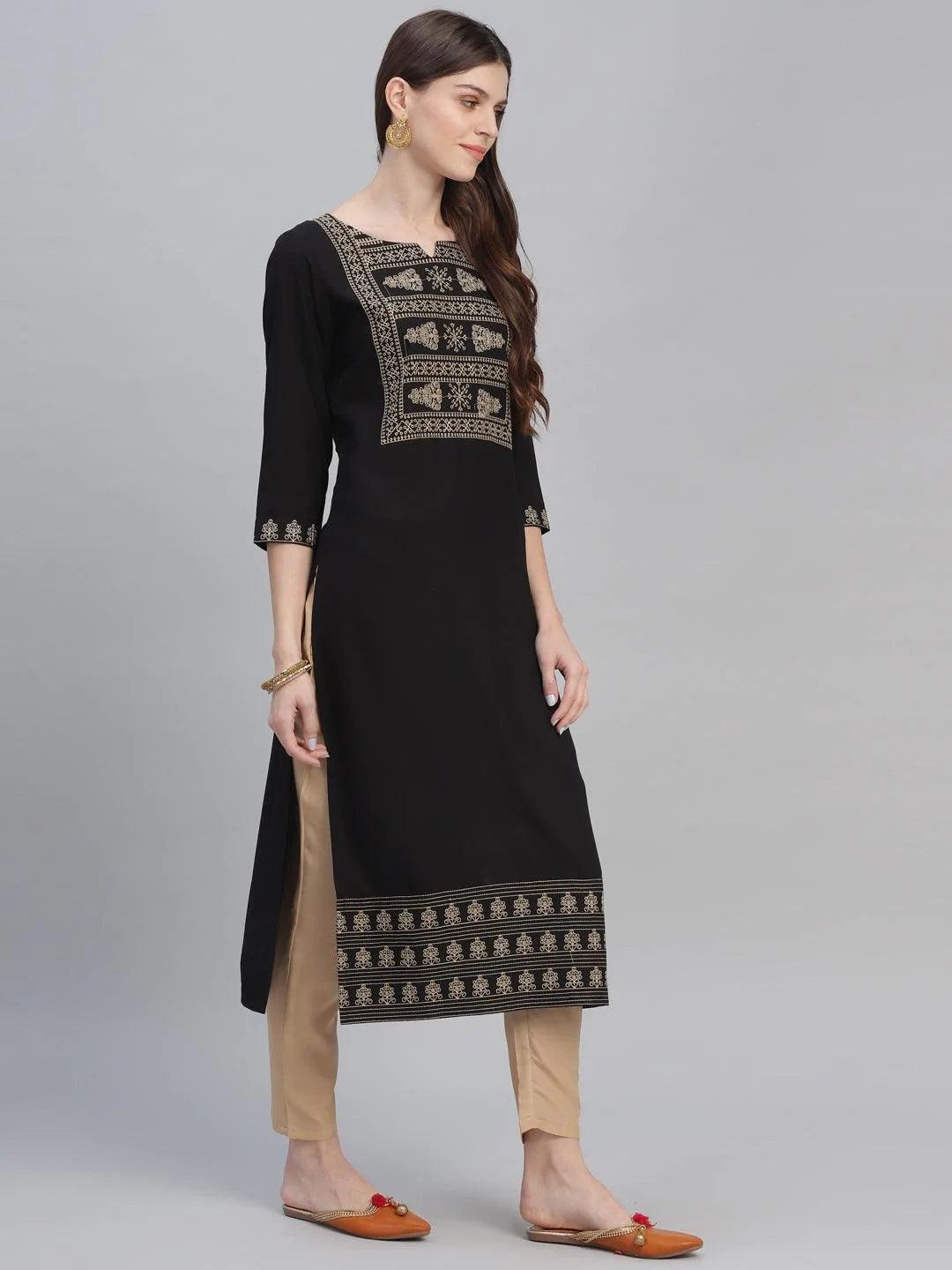 Black Embroidered Rayon Kurta Set