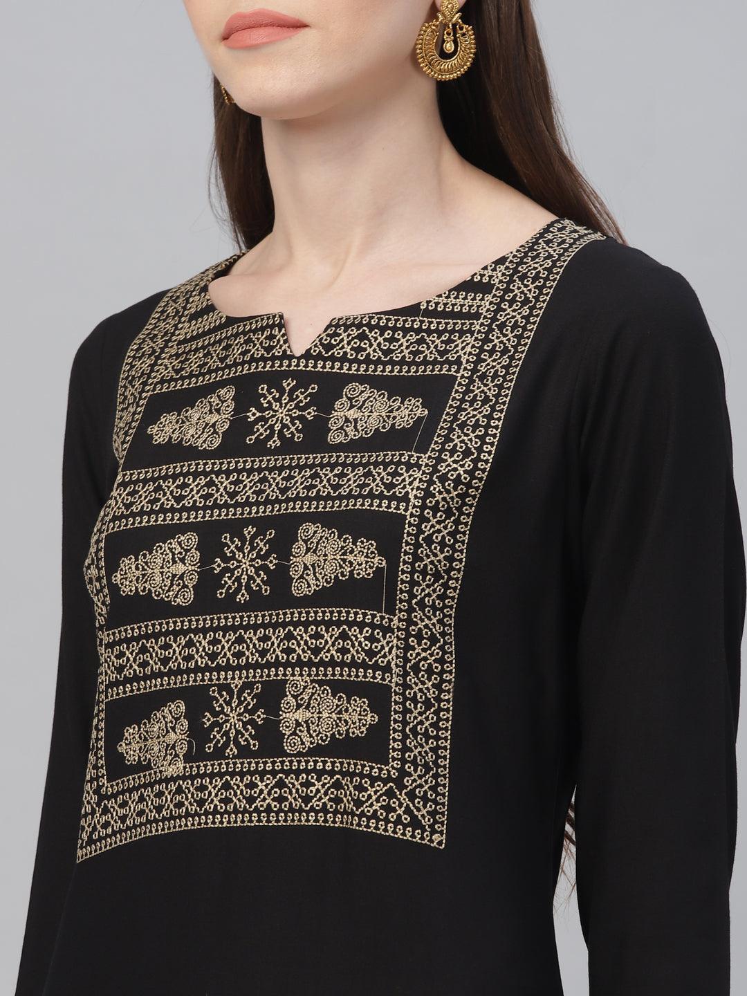 Black Embroidered Rayon Kurta Set