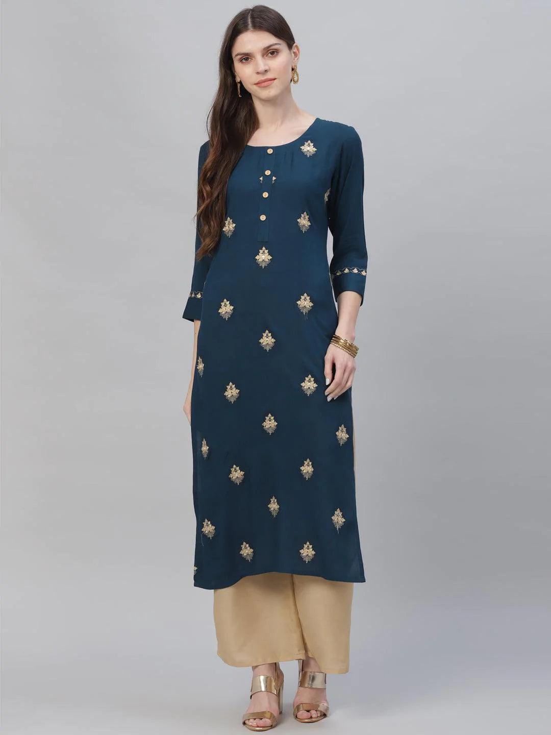 Blue Embroidered Rayon Kurta Set