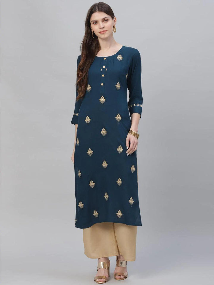 Blue Embroidered Rayon Kurta Set - ShopLibas